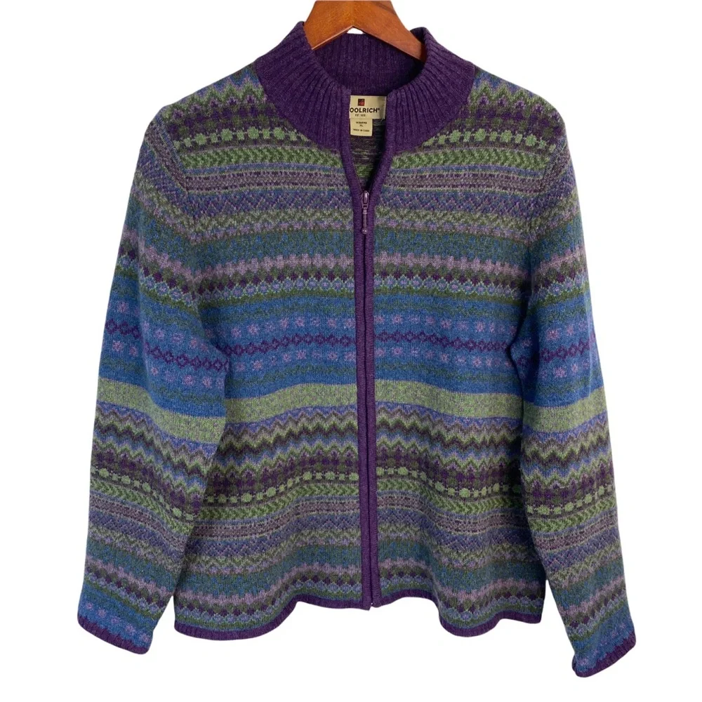 Woolrich Wool Zip Up Sweater Cardigan Womens XL Nordic Fair Isle Green Purple - Picture 1 of 9